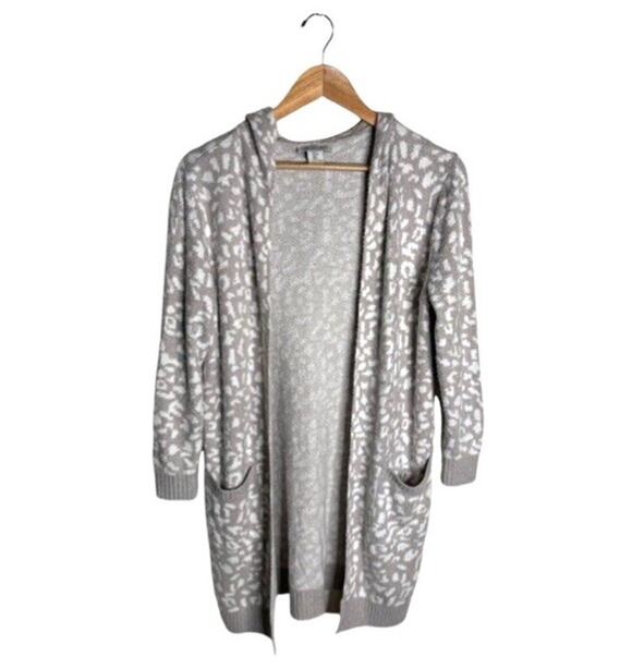 Rachel Zoe Sweaters - Rachel Zoe Hooded Cardigan Leopard Print Small Open Gray Pockets Oversized Cozy